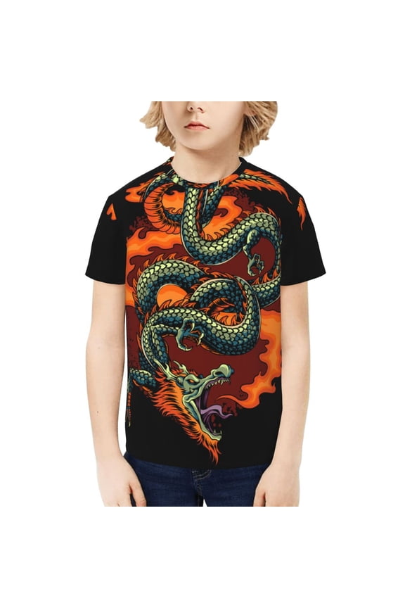 Boys Girls T Shirts Short Sleeves 3D Summer Kids Tee Tops, Fire Dragon Red Flaming