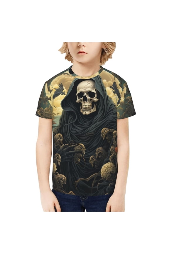 Boys Girls T Shirts Short Sleeves 3D Summer Kids Tee Tops, Grim Reaper Skeleton Skull Art