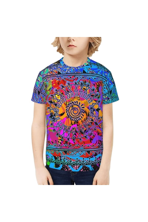 Boys Girls T Shirts Short Sleeves 3D Summer Kids Tee Tops, Indian Tribal Art Colorful