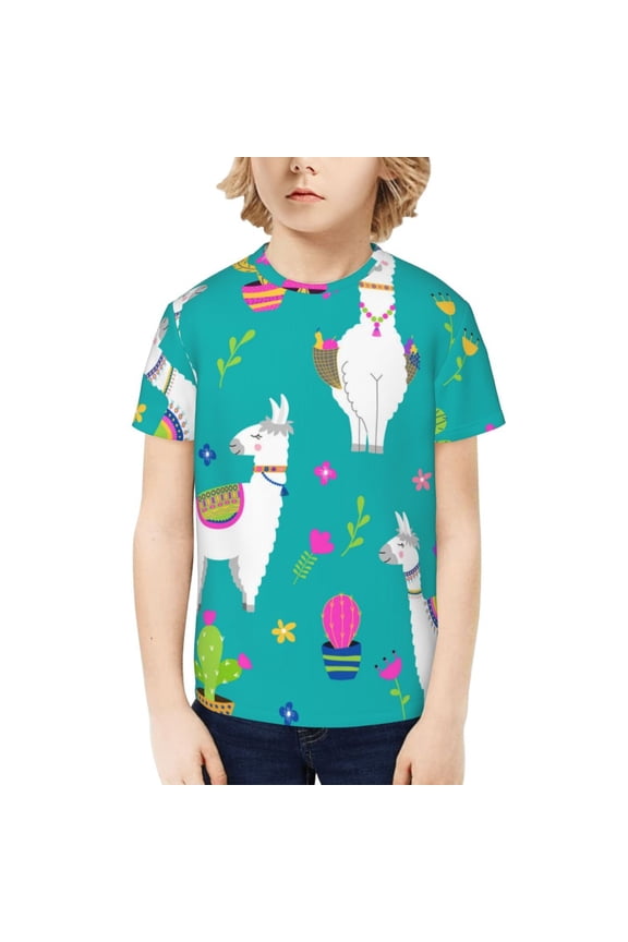 Boys Girls T Shirts Short Sleeves 3D Summer Kids Tee Tops, Llama Alpaca Cactus Cartoon