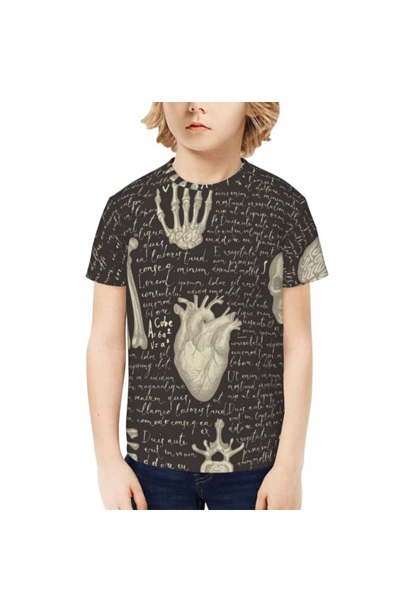 Boys Girls T Shirts Short Sleeves 3D Summer Kids Tee Tops, Retro Pattern Human Organs And Bones