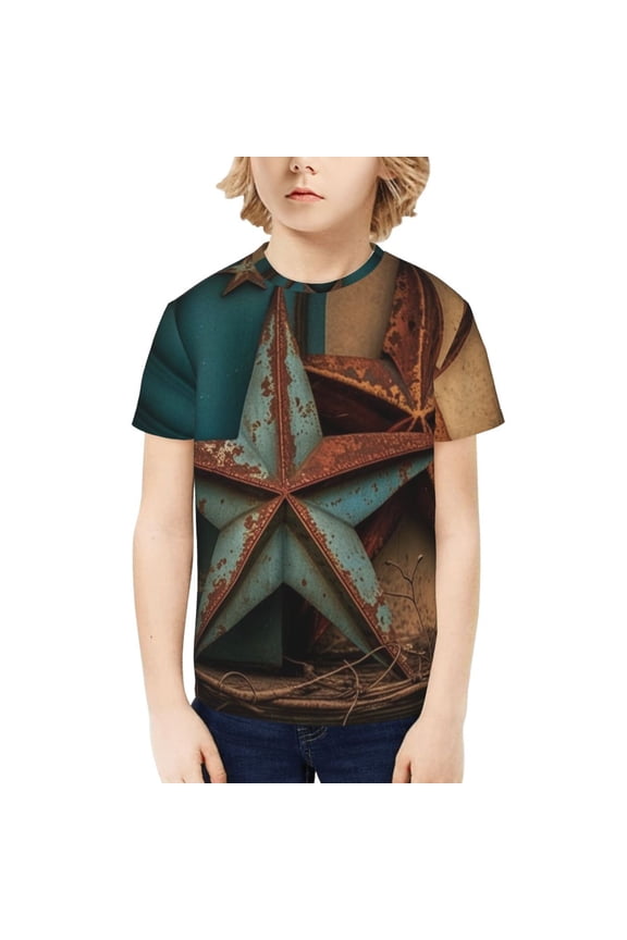 Boys Girls T Shirts Short Sleeves 3D Summer Kids Tee Tops, Rusty Stars Country Primitive Rustic Vintage