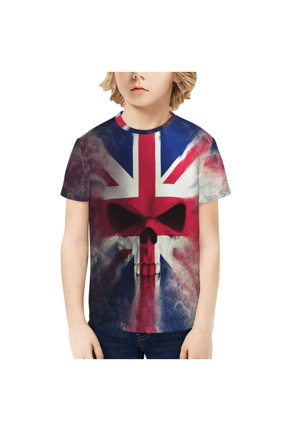 Boys Girls T Shirts Short Sleeves 3D Summer Kids Tee Tops, Skull Face Union Jack Uk Flag