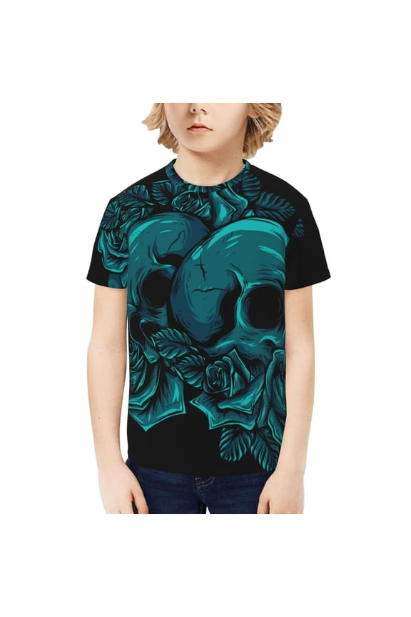 Boys Girls T Shirts Short Sleeves 3D Summer Kids Tee Tops, Skulls Bouquet Flowers Skull