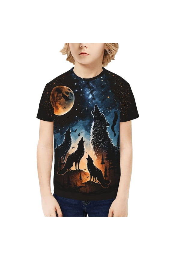 Boys Girls T Shirts Short Sleeves 3D Summer Kids Tee Tops, Wolf Howling Wolves Moon Night Stars