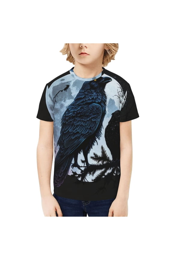 Boys Girls T Shirts Short Sleeves 3D Summer Kids Tee Tops, Wolf Raven Moonlight Moon Night
