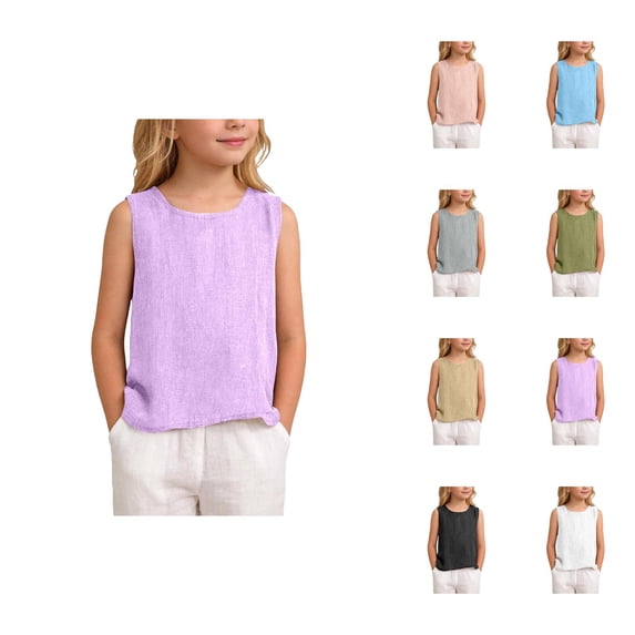 Boys Girls Tank Tops Summer Crewneck Casual Linen Sleeveless Shirt Kids Beach Outfits 3-14 Years