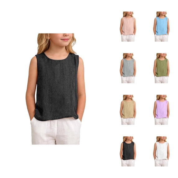 Boys Girls Tank Tops Summer Crewneck Casual Linen Sleeveless Shirt Kids Beach Outfits 3-14 Years