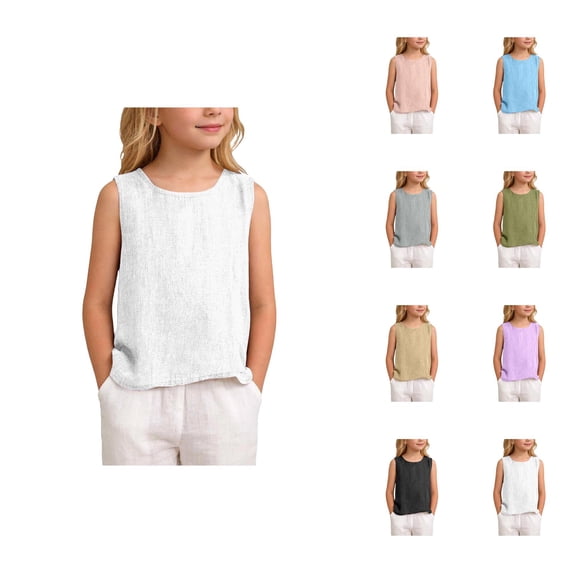 Boys Girls Tank Tops Summer Crewneck Casual Linen Sleeveless Shirt Kids Beach Outfits 3-14 Years