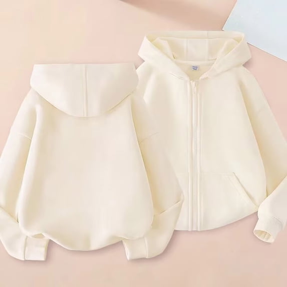 Boys and Girls Thin Fleece Zip Up Hoodie, Lightweight Casual Jacket for Spring and Fall Seasons, Solid Color Outerwear for Layering, School, and Everyday Street Style Fashion - Beige