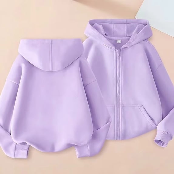 Boys and Girls Thin Fleece Zip Up Hoodie, Lightweight Casual Jacket for Spring and Fall Seasons, Solid Color Outerwear for Layering, School, and Everyday Street Style Fashion - Purple