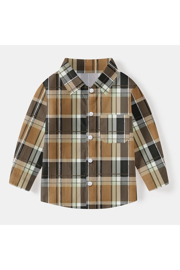 Boys Girls Toddlers Flannel Button Down Shirt Casual Long Sleeve Plaid Shirts Trendy with Pockets School Uniform Shirts Print Blouses Graphic Tees Fall Outfits Plus Size Brown 2 Years