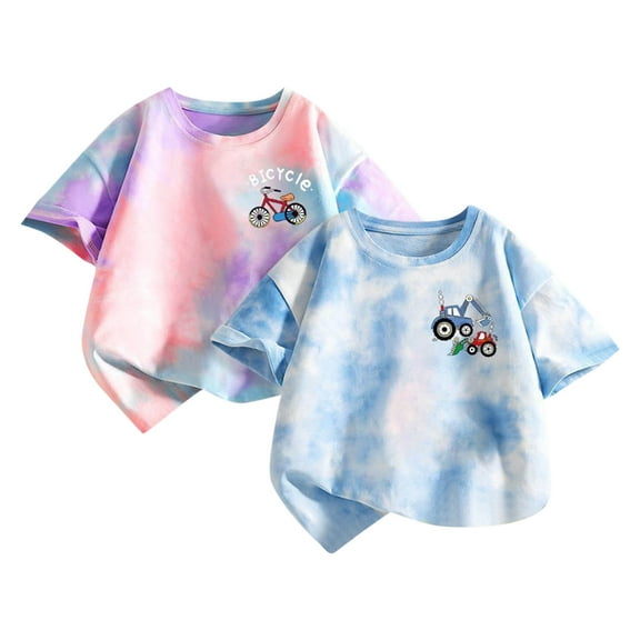 Boys Girls Tshirts Pack of 2, Cotton Tie Dye Summer Tops Tee Shirts for Toddlers Kids with Cartoon Car Prints (2 Years, Blue)