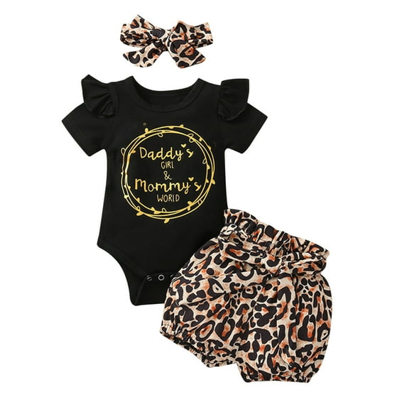 Boys Girls Two Piece Outfits Newborn Infant Baby Girls Letter Romper+Leopard Shorts+Headbands Outfits Set Summer Outfits for Girls Boys