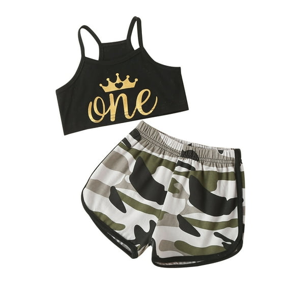 Boys Girls Two Piece Outfits Toddler Baby Girl Camouflage Letter Print Sling Vest Clothes Kids Two-piece Suit Summer Outfits for Girls Boys