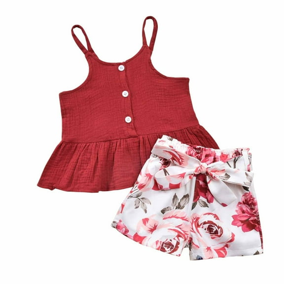 Boys Girls Two Piece Outfits Toddler Baby Girl Cotton Outfits Flowers Print Sling Ruffle Leisure Clothes Suit Summer Outfits for Girls Boys
