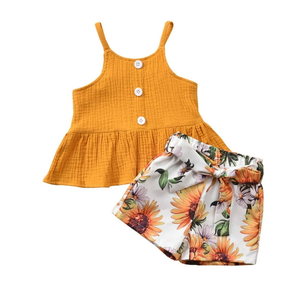 Boys Girls Two Piece Outfits Toddler Baby Girl Cotton Outfits Flowers Print Sling Ruffle Leisure Clothes Suit Summer Outfits for Girls Boys