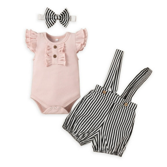 Boys Girls Two Piece Outfits Toddler Baby Girls Cotton Stripe Overalls Ruffle Clothes Bow Three-piece Suit Summer Outfits for Girls Boys