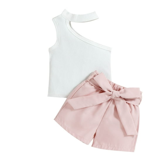 Boys Girls Two Piece Outfits Toddler Baby Girls Fashion Cute Solid Color Sloping Shoulder Halterneck Top Belt Shorts Suit Summer Outfits for Girls Boys