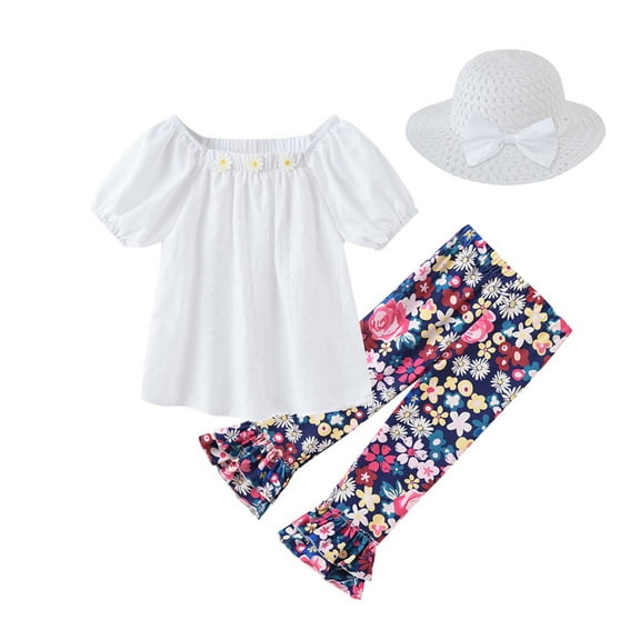 Boys Girls Two Piece Outfits Toddler Baby Kids Girls Floral Tops T-Shirt Princess Pants With Hat Outfits Summer Outfits for Girls Boys