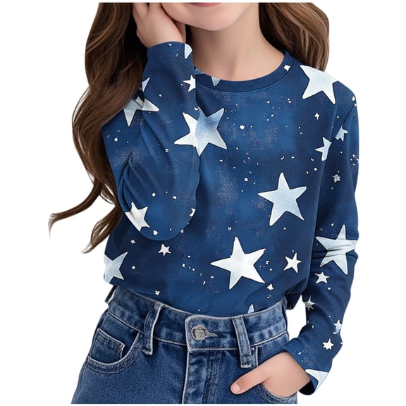 Boys Girls Unisex Star Print T-shirt Long Sleeve Crewneck Shirt Funny Graphic Tee Top for Festive Gatherings & Night Outings(3-14Y)
