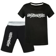 FODOGSH Boys Girls Unspeakables Cartoon Letter Graphics Printed T-Shirts Set Summer Short Sleeve Shirt And Short Pants 2 Piece Theme Party Costume Tops Cotton Tees Outfit Clothes Set Kids Anime Gift 3-13