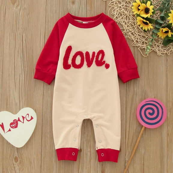 Boys Girls Valentine's Day Long Sleeve Letter Embroider Romper Jumpsuit Clothes 0-3 Months