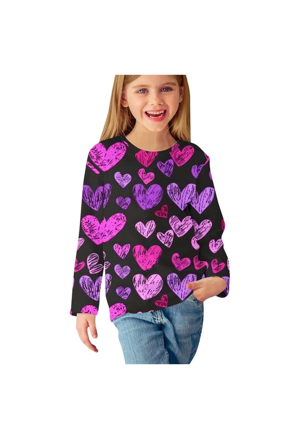 Boys Girls Valentine's Day T-shirt Heart-Print Long Sleeve Graphic Tee Casual Top for Holiday Celebrations & Casual Outings