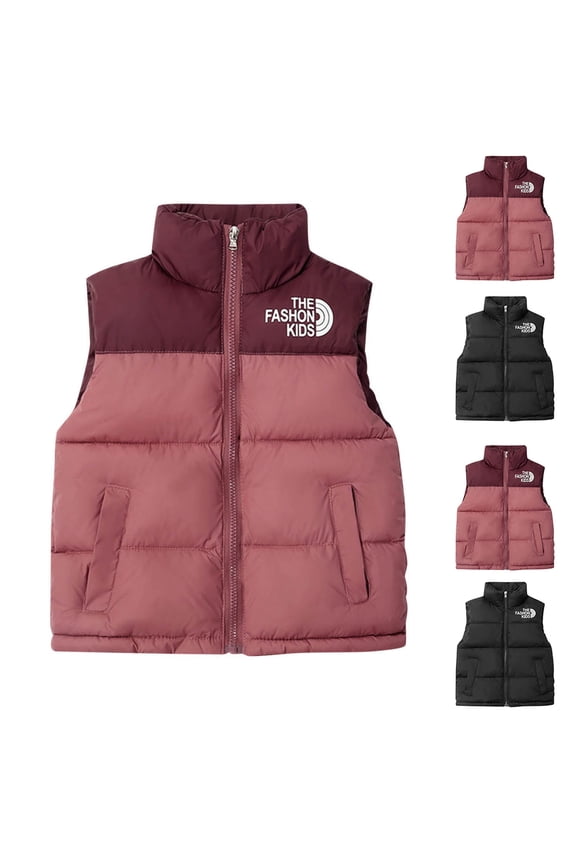 Boys' And Girls' Down Vests With Stand Collar Patchwork Children's Clothing Winter Vests Outer Wear Sports Style Casual Tops Sleeveless Jackets Black 5 Years