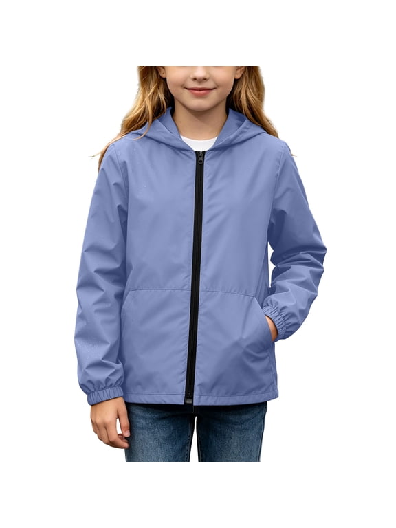 Boys Girls Waterproof Rain Jackets Long Sleeve Hooded Full Zip Windbreaker Jacket Outdoor Casual Loose Coat with Pockets (15Y, Purple)