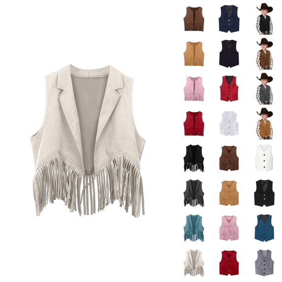 Boys Girls Western Cowboy Cow Girl Outfits Open Front Fringe Vest Party Dress Up Tassel Fringe Waist Coat Tops Costume