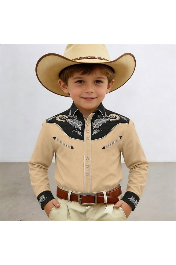 Boys Girls Western Cowboy Shirts Retro Short/Long Sleeve Button Down Shirt Floral Pockets Outfit Top, Retro Country Tops Outfit(Khaki,8-9 Years)