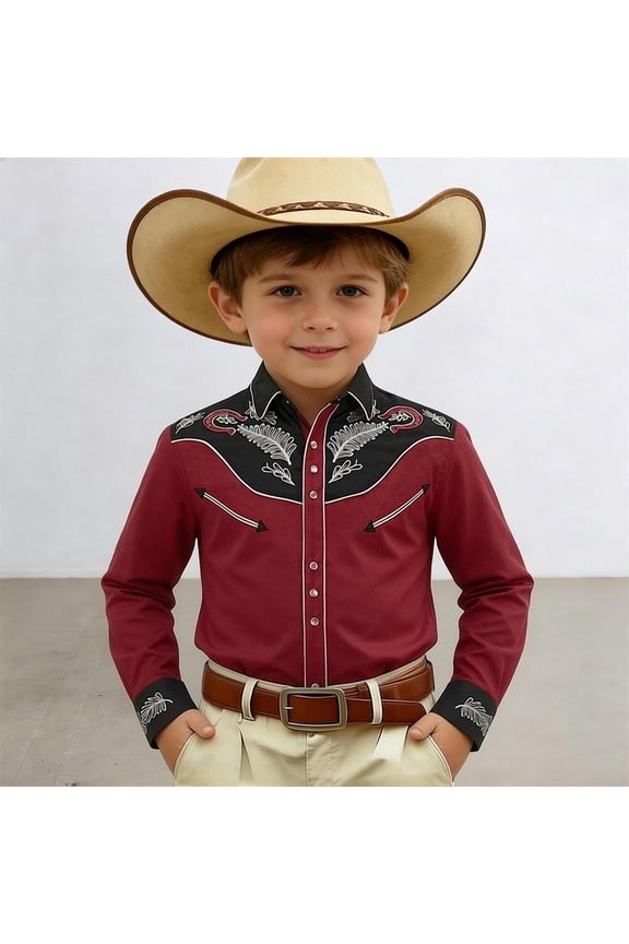 Boys Girls Western Cowboy Shirts Retro Short/Long Sleeve Button Down Shirt Floral Pockets Outfit Top, Retro Country Tops Outfit(Red,8-9 Years)