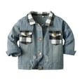 thumbnail image 1 of Boys Girls Windproof Plaid Denim Jacket Patchwork Design Cropped Style Long Sleeve Warm Outerwear Coat For Kids,Size:3-4 Years, 1 of 4