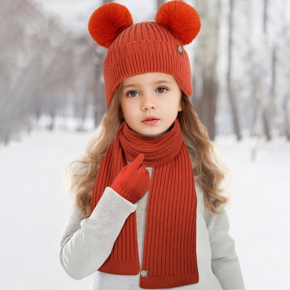 Boys Girls Winter Beanie Hat Scarf Gloves Set Thick Knitted Warm Cut Baby Infant Fleece Lined Hat Mittens Neck Warmer for Infant Baby Girls and Boys 3 Pieces