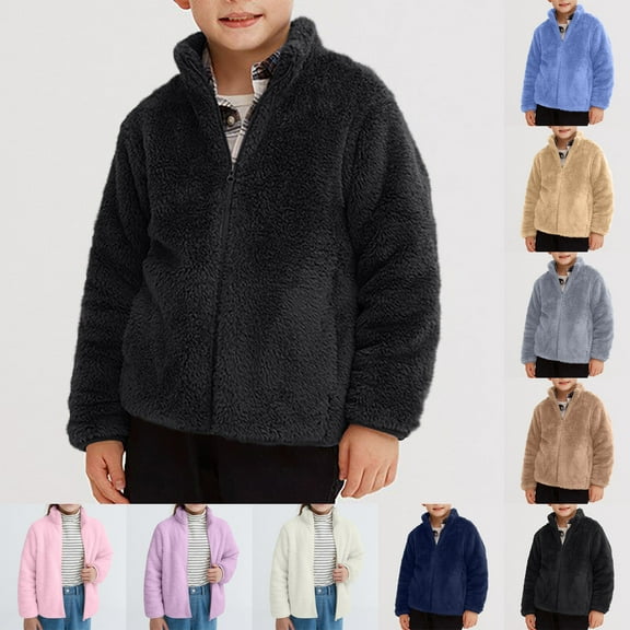 Boys Girls Winter Coat Fuzzy Fleece Zip Up Jacket Long Sleeve Mock Neck Top Kids Warm Fluffy Plush Winter Clothes Black 4 Years