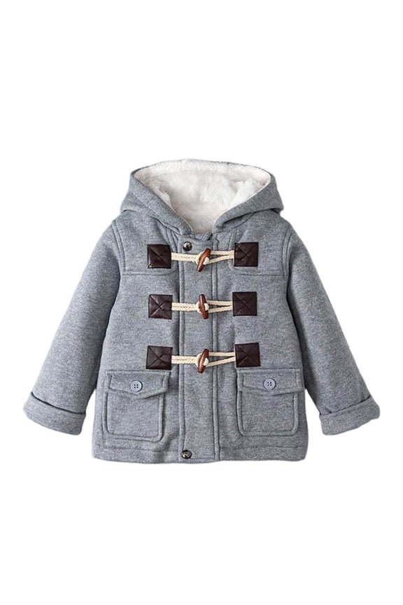Boys Girls Winter Coat Horn Button Sherpa Fleece Lined Cotton Hooded Outerwear Pockets Toddler Kid Jacket 9M-10Y (1 Years, Gray)