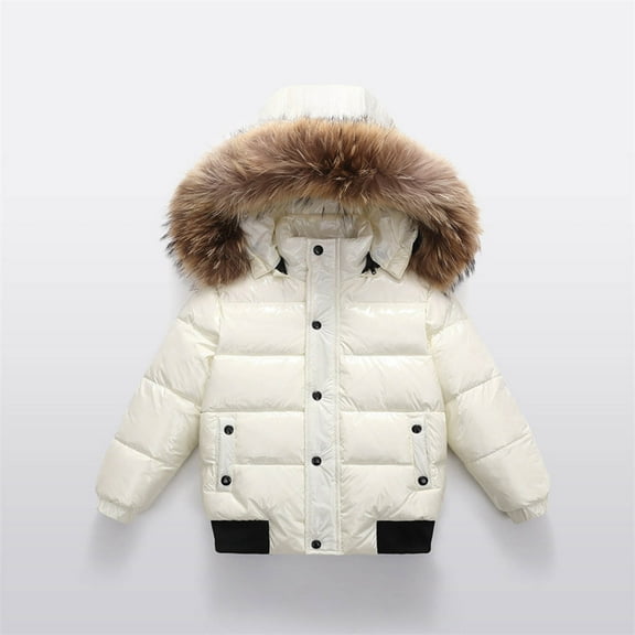 Boys Girls Winter Coat Padded Parka Jacket Thicken Puffer Jackets Coats Kids Teen Faux Fur Hooded Winter Down Windbreaker Snow Jacket Warm Windproof Outwear with Zipper and Pocket White 6-7Years