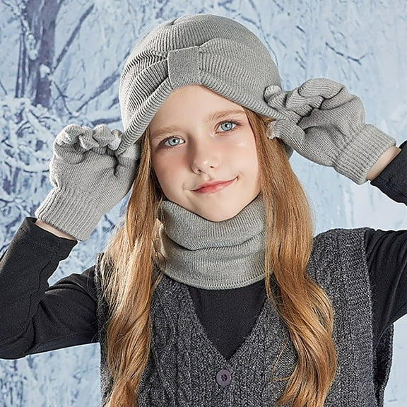 Boys Girls Winter Hat, Scarf & Glove Sets 3 Piece 3-8Y Toddlers Trendy Solid Fleece Lined Knitted Beanies Hats Gloves and Scarves Set