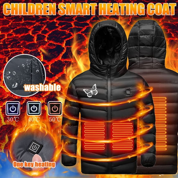 Boys Girls Winter Hooded Heated Jacket with 3 Heating Zones USB Charging Electric Hoodie Coats Kids Down Jackets Black 10-11 Years