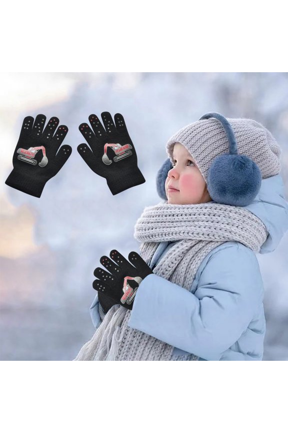 Boys Girls Winter Knitted Gloves Construction Truck Print and Grip Dots for Outdoor Activities Kids Toddler Mittens