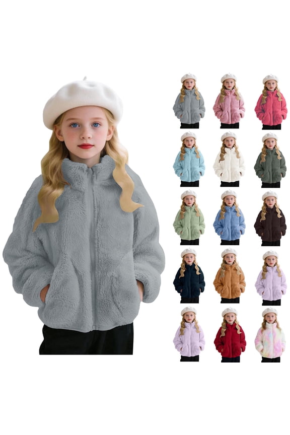 Boys Girls Winter Warm Fleece Coat Zip Up Jacket Outerwear with Pockets Cute Solid Hoodless Jacket Stand-up Colla