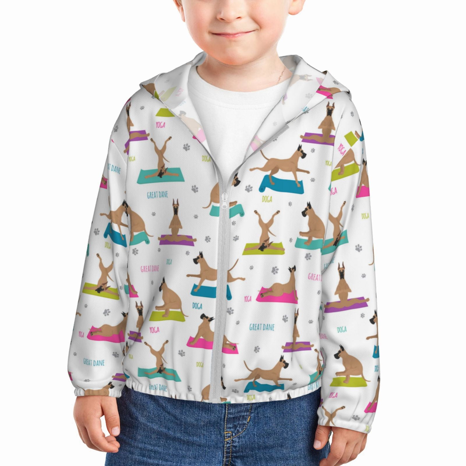 Boys Girls Zip Up Hoodie, Great dane Yoga dogs funny Kids Athletic