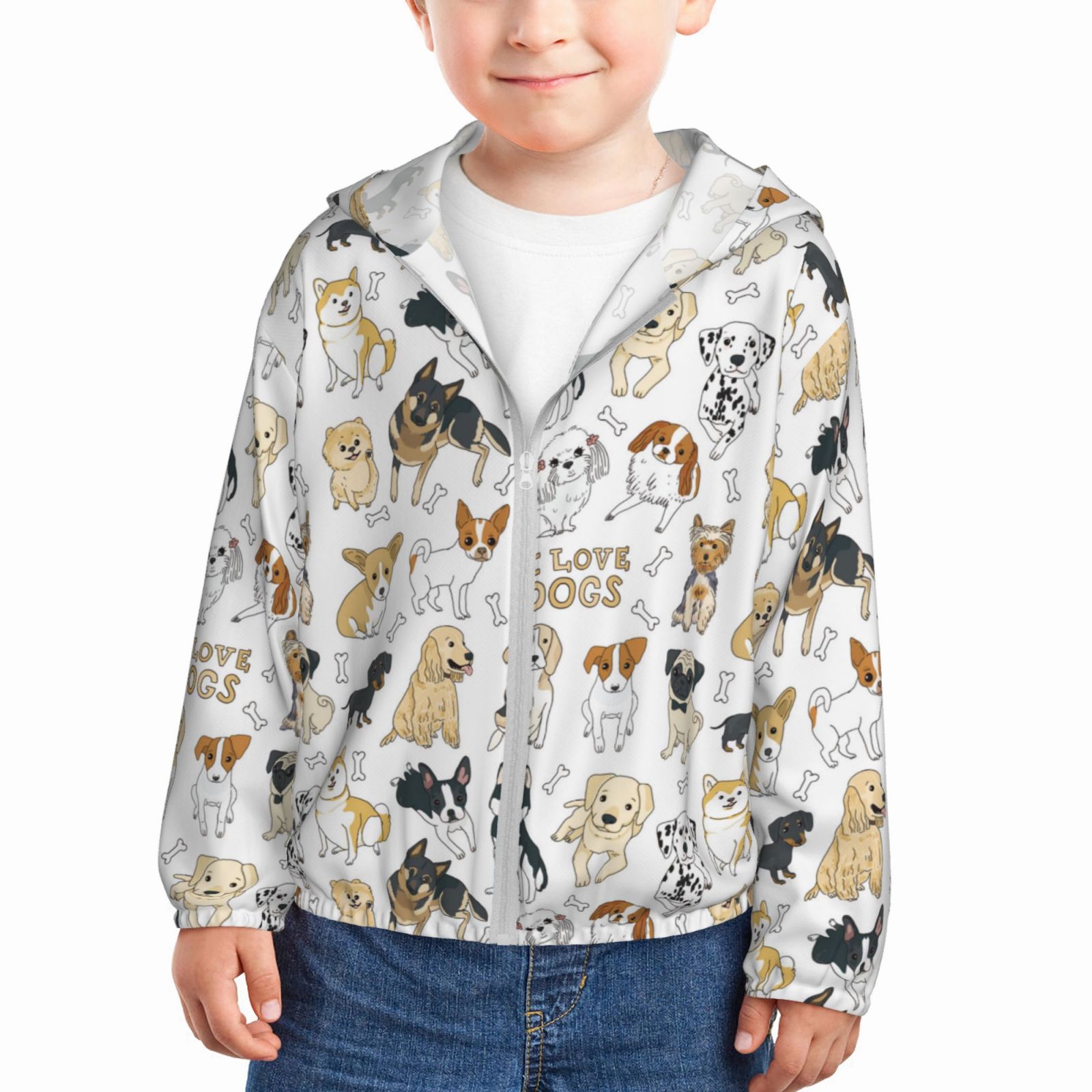Boys Girls Zip Up Hoodie, I Love Dogs Kids Athletic Hoodie Dry Fit Sun Protection Jacket Hooded