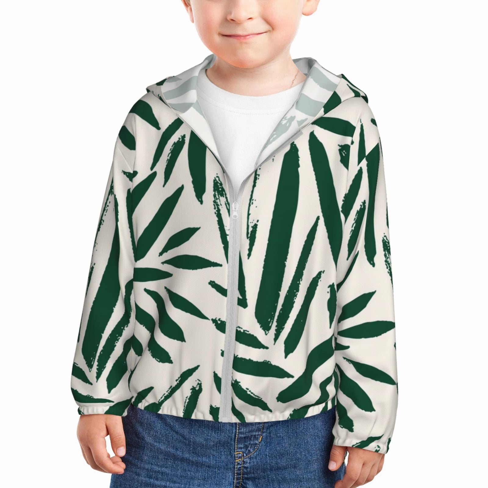 Boys Girls Zip Up Hoodie, Palm Branch With Leaves Kids Athletic Hoodie