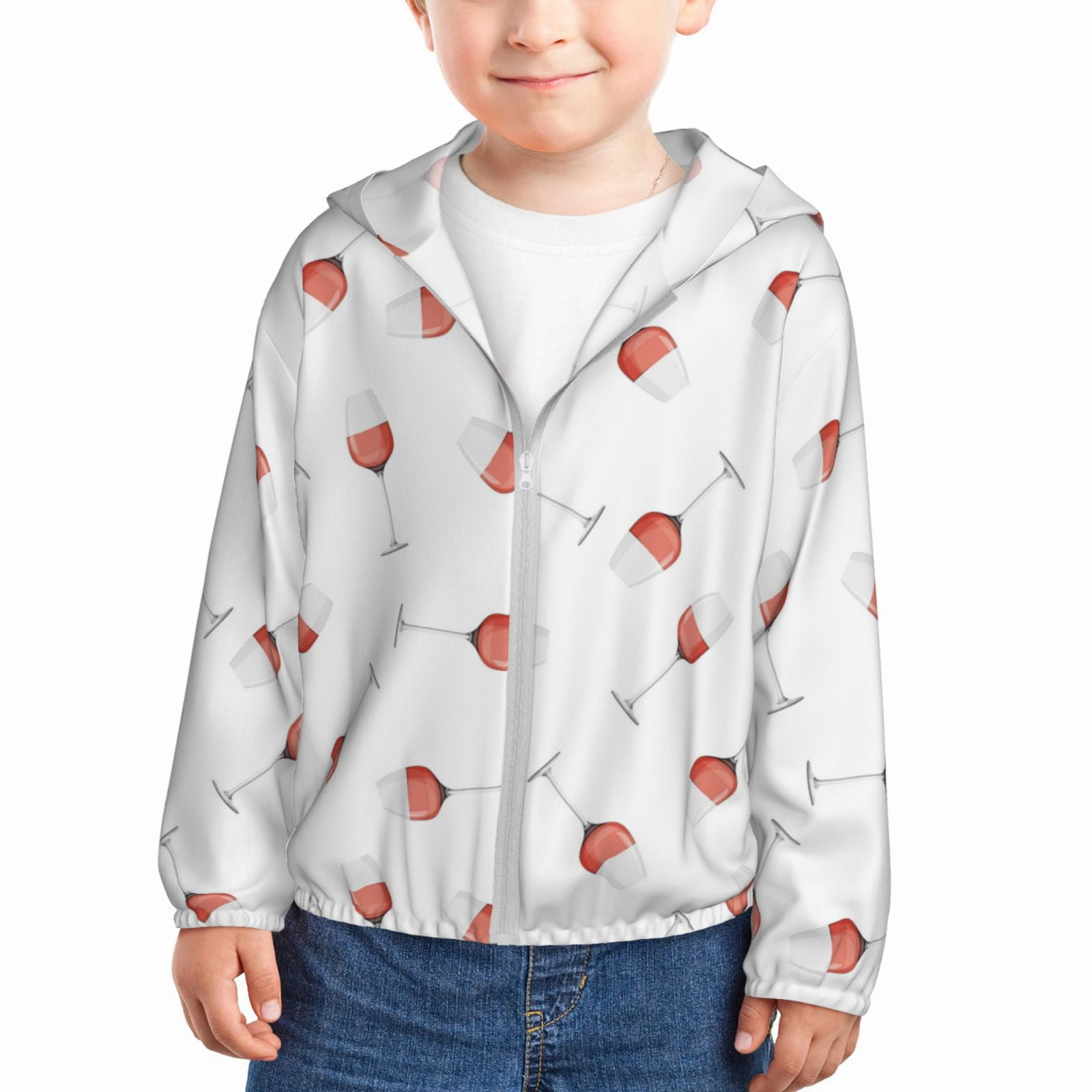 Boys Girls Zip Up Hoodie, Red Wine Glass Print Kids Athletic Hoodie Dry