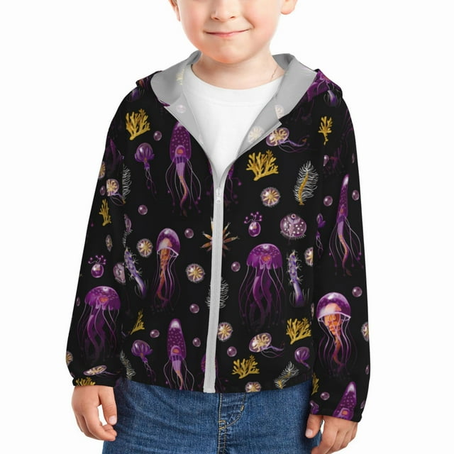 Boys Girls Zip Up Hoodie, Yellow Coral Purple Jellyfish Kids Athletic