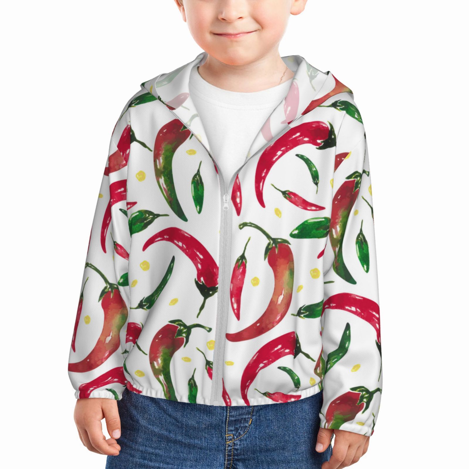 Boys Girls Zip Up Hoodie, red Chili Pepper green Kids Athletic Hoodie