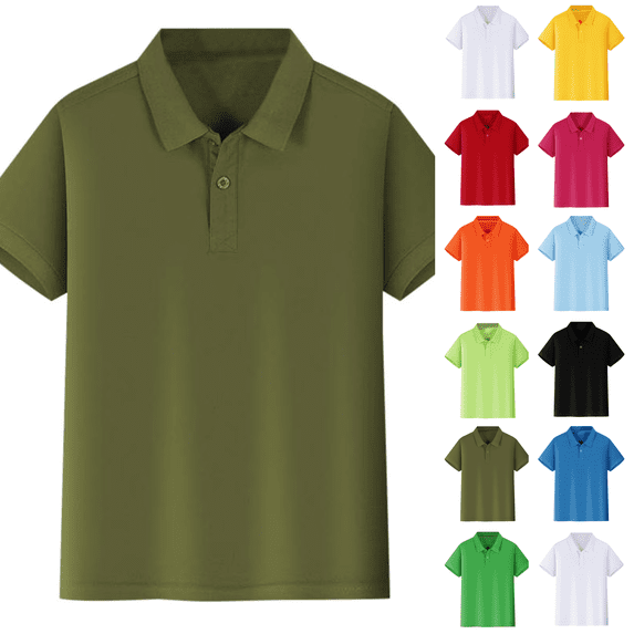 Boys Golf Polo Shirt Uniform Short Sleeve Button Collared Tee Casual Performance Active T Shirt Size 4-13 Years Army Green 120