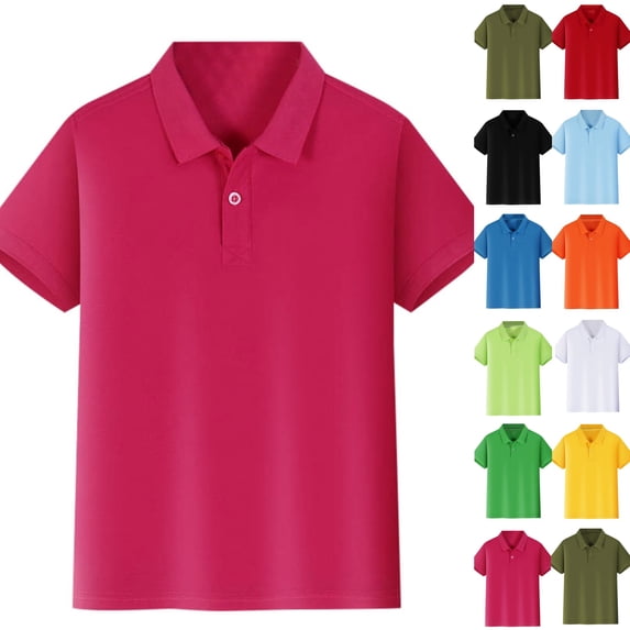 Boys Golf Polo Shirt Uniform Short Sleeve Pique Button Collared School Uniform Tops Casual Stretch Performance Active T Shirt,Hot Pink,5-6 Years